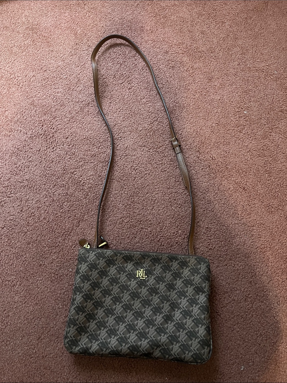 Ralph Lauren Brown Patterned Crossbody with Gold RL Logo